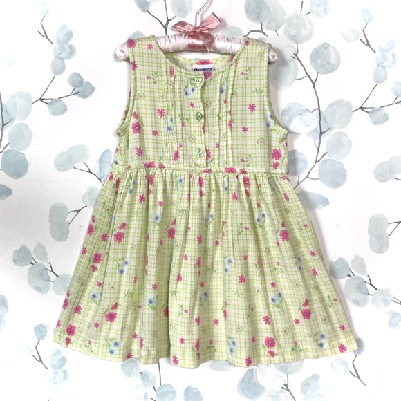 OshKosh B'gosh Other - OshKosh Kids Yellow Green Floral Check Sleeveless Tank Dress Pleated Sundress